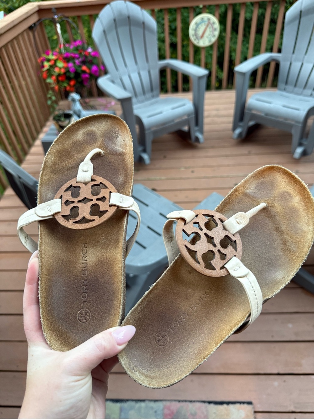Tory Burch Cream Leather Miller Logo Thong Sandals